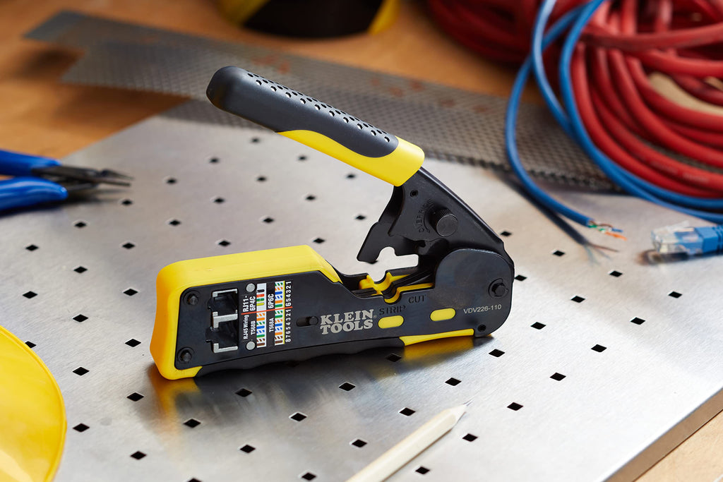 Klein Tools VDV226-110 Ratcheting Modular Data Cable Crimper / Wire Stripper / Wire Cutter for RJ11/RJ12 Standard, RJ45 Pass-Thru Connectors