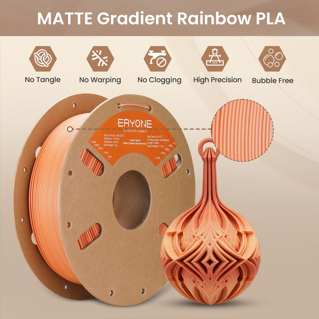 ERYONE Matte Gradient Rainbow 3D Printer PLA Filament 1.75 +/- 0.03mm, HS Matte Multicolor High Speed Filament PLA 1KG(2.2LBS) Spool, Danxia