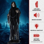 Haunted Hill Farm Life-Size Scary Grim Reaper with Chain, Halloween Animatronic with Touch Activated Lights and Sounds, Battery Operated Indoor or Covered Outdoor Halloween Decorations, Halloween Prop