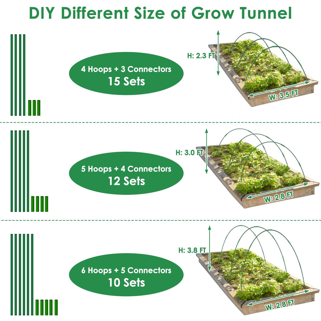 60 Pcs Garden Hoops for Raised Beds, 12 Sets Greenhouse Hoops Grow Tunnel Rust-Free Fiberglass Hoop House Kit, Plant Support Garden Stakes Hoops Frame for Netting Shade Cloth Row Cover Garden Supplies