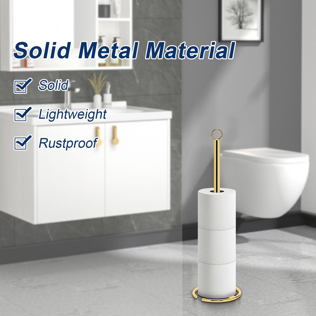 NearMoon Bath Toilet Paper Holder Stand, Freestanding Tissue Paper Storage with Reserve, Space Toilet 4 Rolls Holder for Bathroom/Kitchen Countertop-All Metal (2 Pack, Chrome Gold)