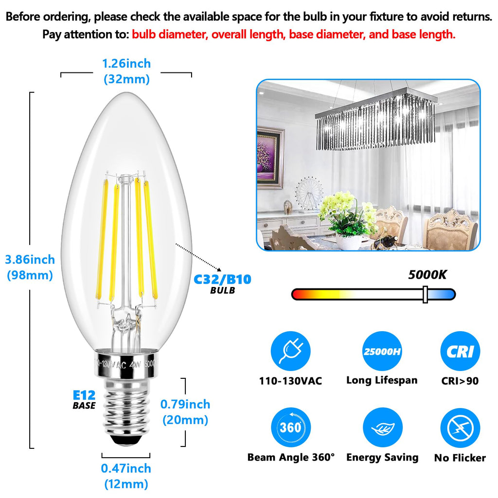 LED Candle Bulbs 40W Equivalent, Dimmable E12 Candelabra Light Bulbs 4W 470Lm Clear Edison LED Bulb, Daylight White 5000K B10 Classic Bright Filament Bulb, Decorative Bulbs for Lamps, Pack of 20