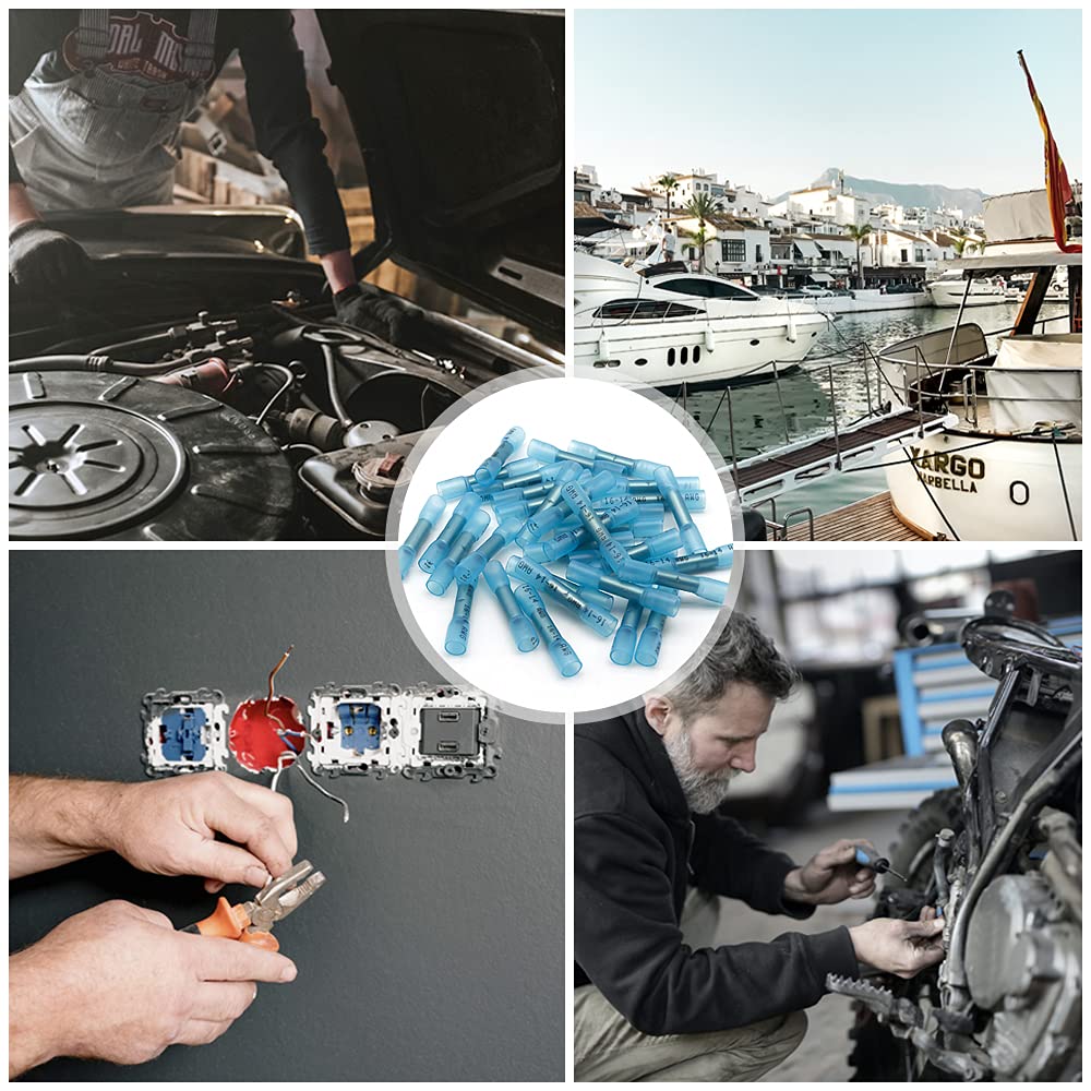 Heat Shrink Butt Connectors, 16-14 AWG 100Pcs Blue Waterproof Electrical Crimp Wire Splice for Marine, Cable, Wiring