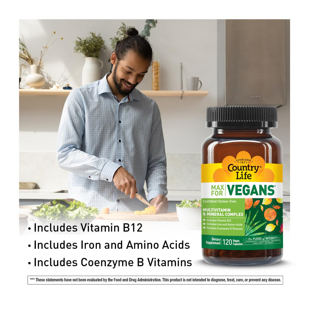 Country Life Max for Vegans - 120 Vegan Capsules - Daily Multivitamins - Immune Support Supplement - Contains Vitamin B12, Iron, Amino Acids, Coenzyme B Vitamins - Gluten-Free