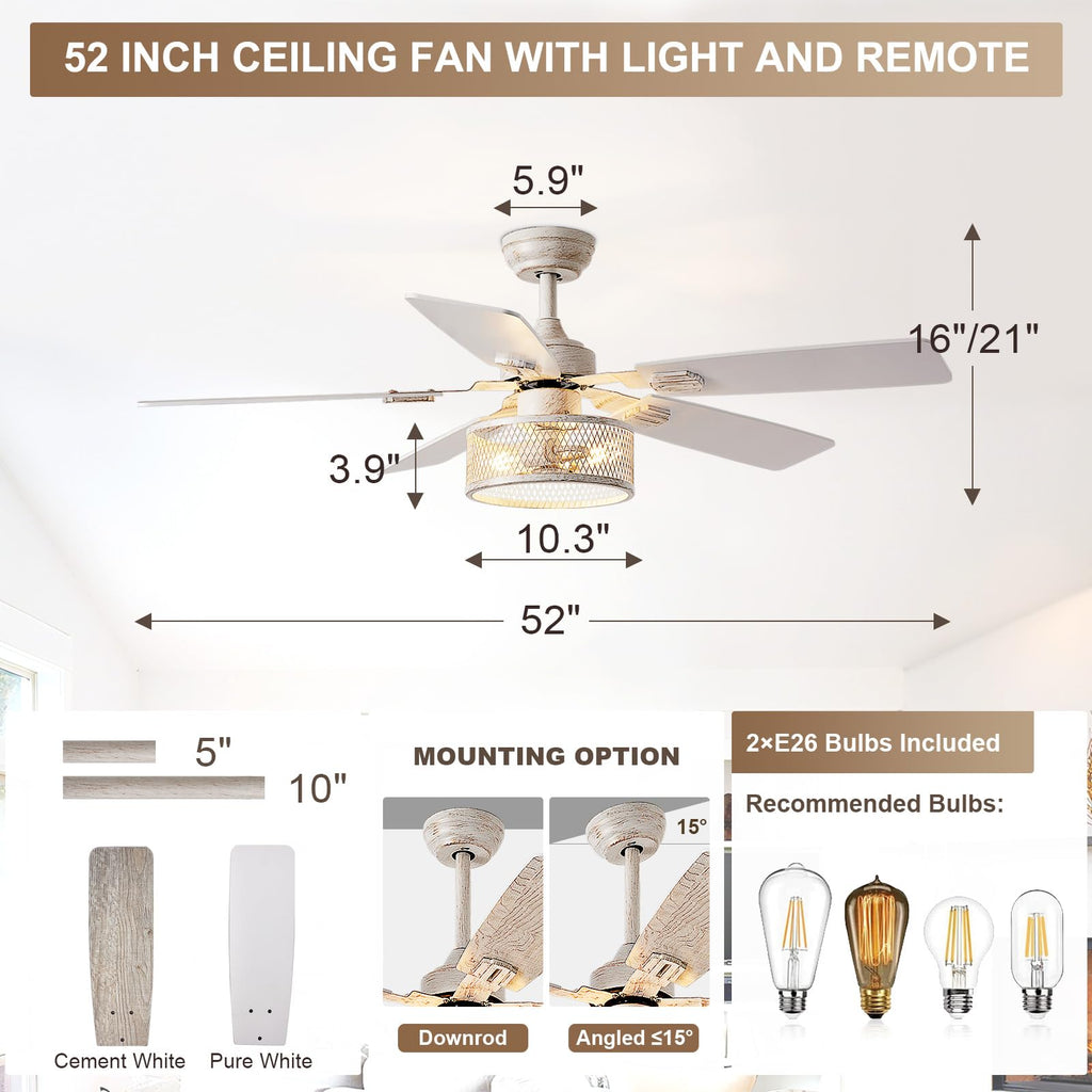 Depuley 52in Ceiling Fans with Lights: 2 Pack White Gold Caged Ceiling Fan with Remote - Farmhouse Ceiling Fan with Dual Finish 5 Blades for Living Room 6 Speeds Timer Reversible E26 Bulbs Included
