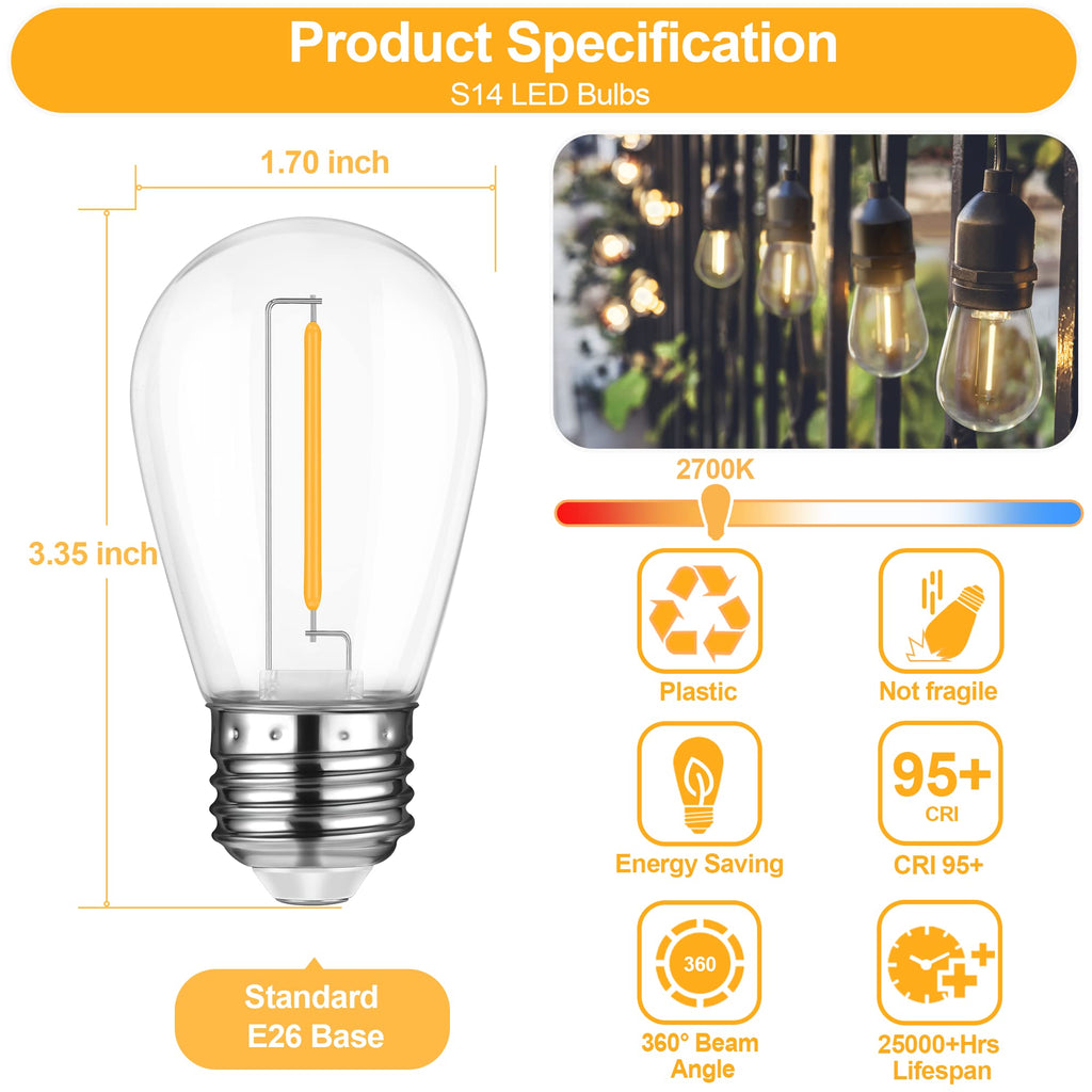 Mlambert 24 Pack LED String Light Bulbs,Shatterproof Outdoor String S14 Replacement Light Bulbs 2700K,Waterproof 1W Equal to 11W,Not Solar
