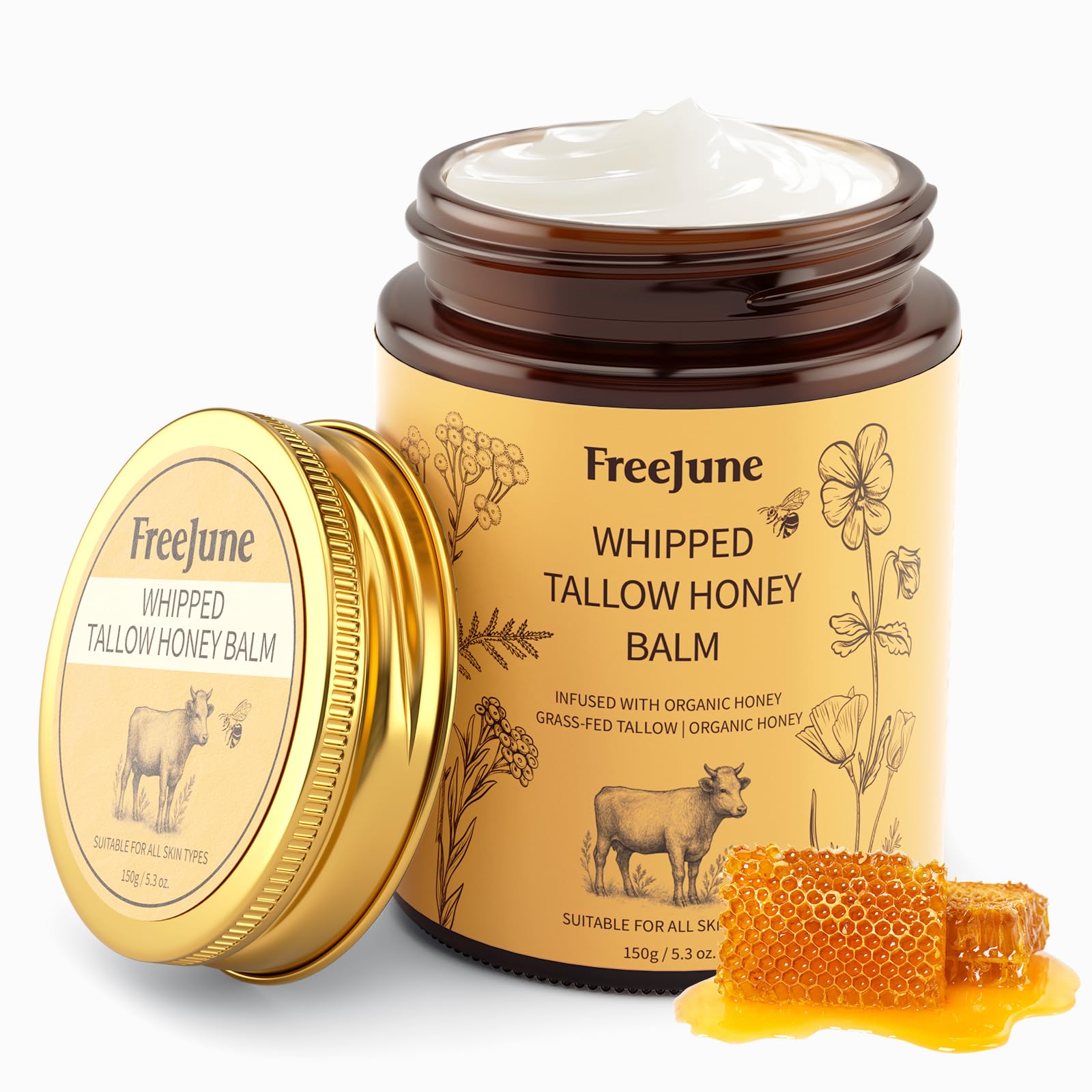 FreeJune Beef Tallow for Skin, Tallow and Honey Balm for Face 5.3 OZ Organic Whipped Moisturizer with Grass Fed - Face & Body Cream for for Nourishing Dry Skin Care, All Natural Hydration (Honey)