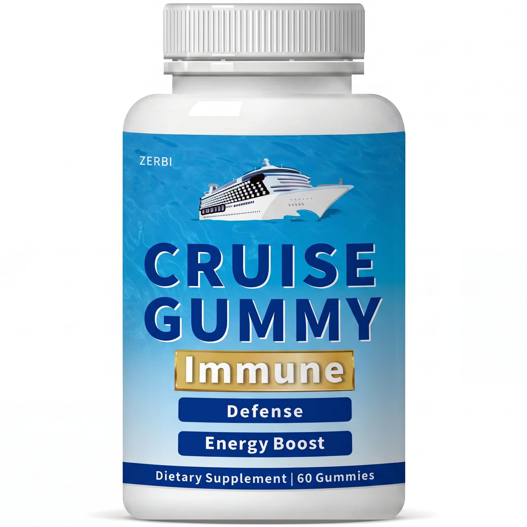 ZERBI Cruise Gummies, Immune Support, Travel Immunity Defense & Energy, with Vitamin C, Zinc, Elderberry, 60 Chewable Gummies