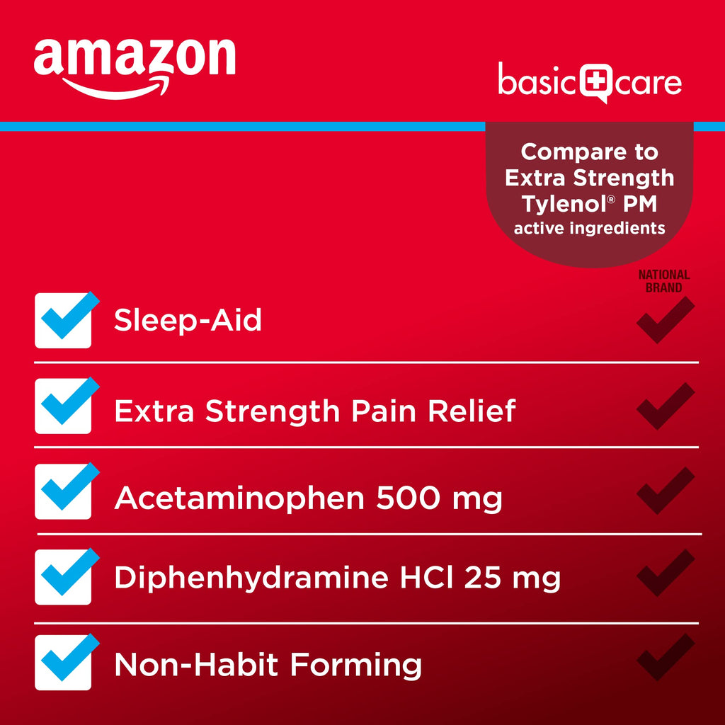 Amazon Basic Care Acetaminophen PM, Pain Reliever Plus Nighttime Sleep Aid, Blue, 100 Count (Pack of 3)