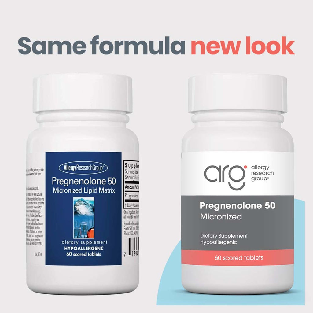 Allergy Research Group ARG Pregnenolone 50 mg - Micronized Hormone Precursor Support - Highly Bioavailable - Hypoallergenic - 60 Servings - 60 Scored Tablets
