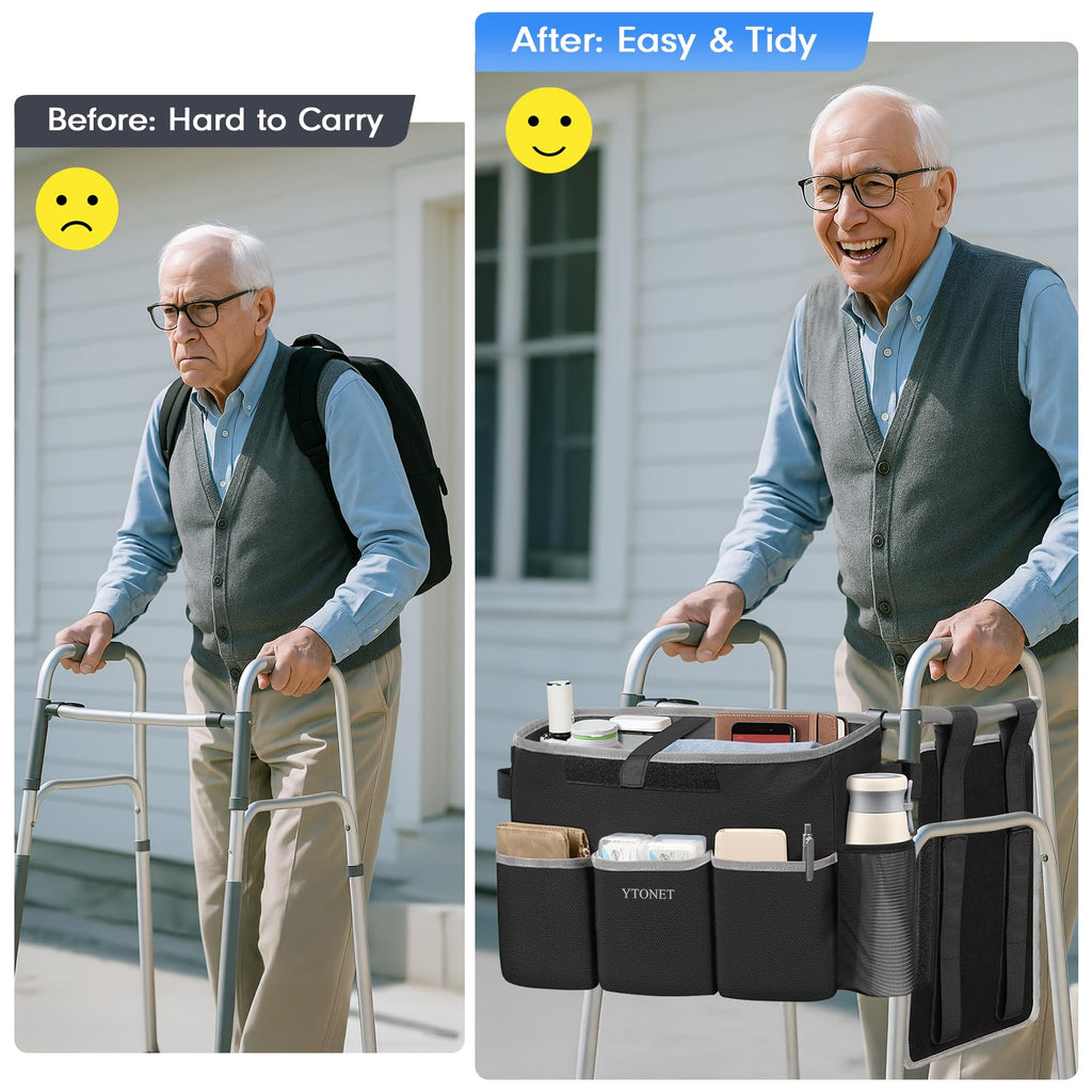 Ytonet Walker Basket with Tray, Detachable Walker Tray for Folding Walkers, Large Capacity Storage Basket with Phone and Crutch Holder, Water-Resistant Non-slip Walkers Accessories for Seniors (Black)