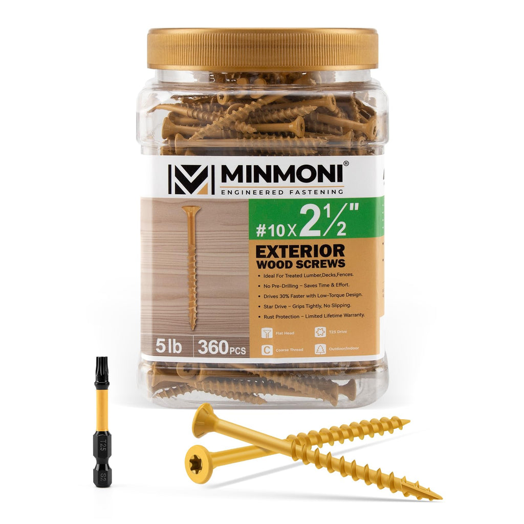 #10 x 2-1/2" Wood Deck Screws 360pcs (5lb Box), Trox Flat-Head Exterior Screws, Multiple Size Available, Tan, T25 Star Bit Included