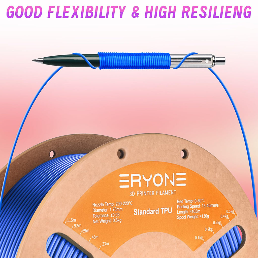 ERYONE TPU Filament 1.75mm +/-0.03mm Flexible TPU Roll, 95A Soft 3D Printer Filament 0.5kg Spool(1.1 lbs), Blue