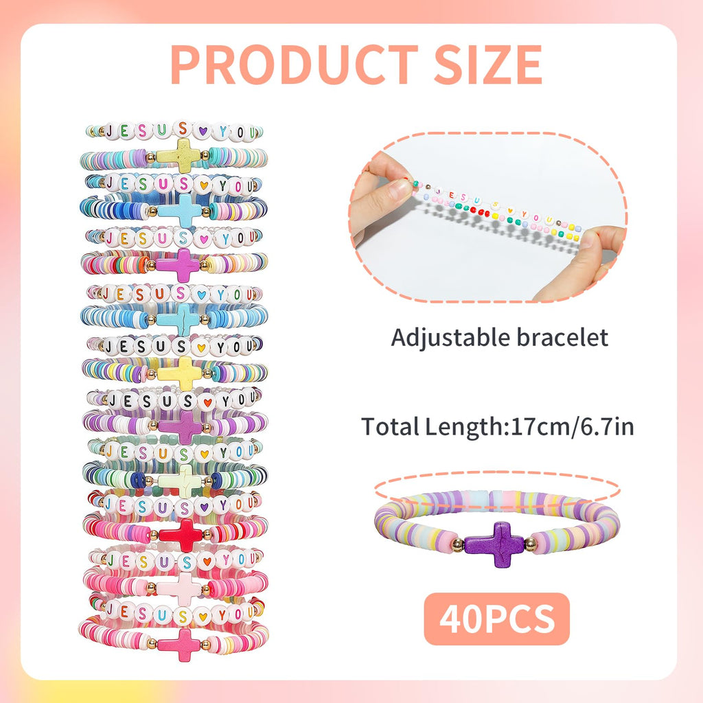 Shcsdr 40 Pcs Jesus Loves You & Cross Bracelets for Women