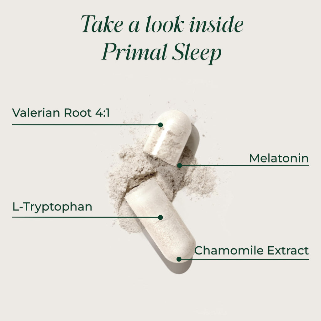 Primal Harvest Primal Sleep Support Supplement for Adults with Melatonin, GABA, Valerian Root, L-Tryptophan, Magnesium Bisglycinate Chelate, and Chamomile for Deep Restful Sleep