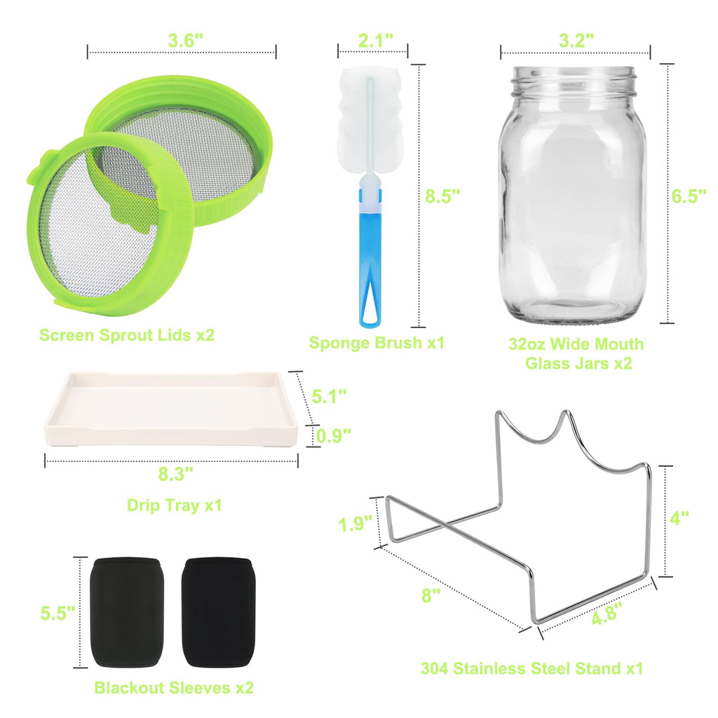 Lulonpon Sprouting Kit, 2 Sprouting Jar Kits, Wide Mouth Quart Mason Jars with Stainless Steel Screen Sprout Lids,1000ml Sprouts Growing Kit, Seed Sprouter Set for Growing Broccoli, Bean, Alfalfa ﻿