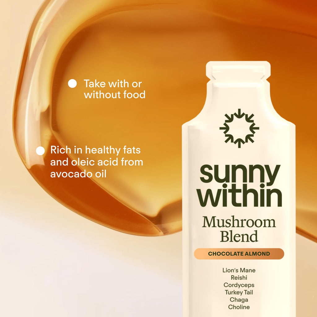 Sunny Within Functional Mushroom - 800mg of Five Mushrooms - Organic Lion’s Mane, Reishi, Cordyceps, Turkey Tail, Chaga - Brain, Stress & Energy Support * - with Choline - 30 Pouches
