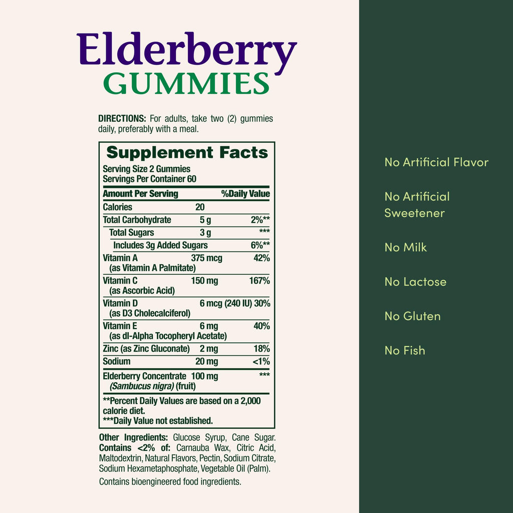 Nature's Bounty Elderberry Gummies, Dietary Supplement, Supports Immune Health, Contains Vitamin A, C, D, E and Zinc, 100 mg, 120 Gummies