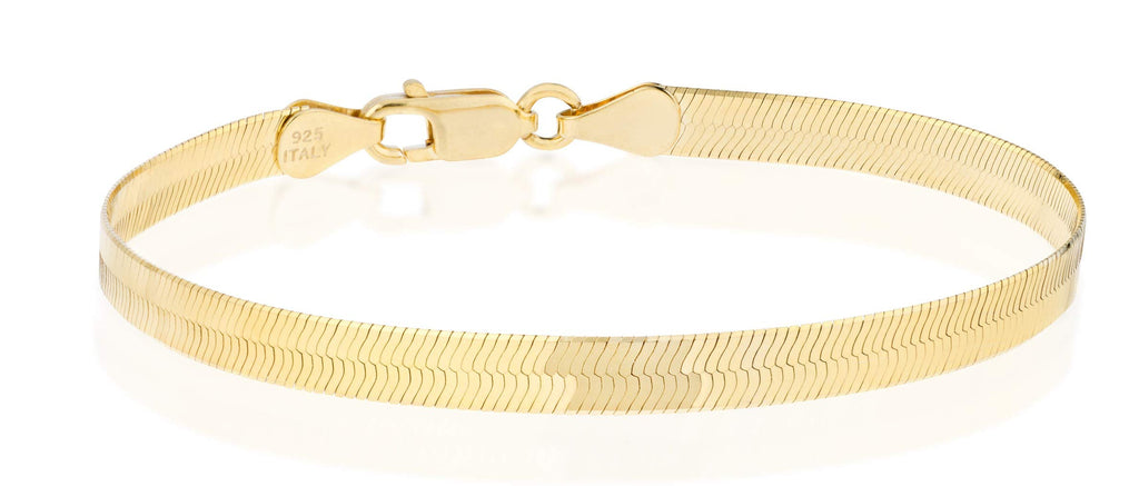 Miabella Italian Solid 925 Sterling Silver, 18K Gold Plated 4.5mm Flexible Flat Herringbone Link Chain Bracelet for Women, Made in Italy (yellow-gold-plated-silver, Length 7 Inches)