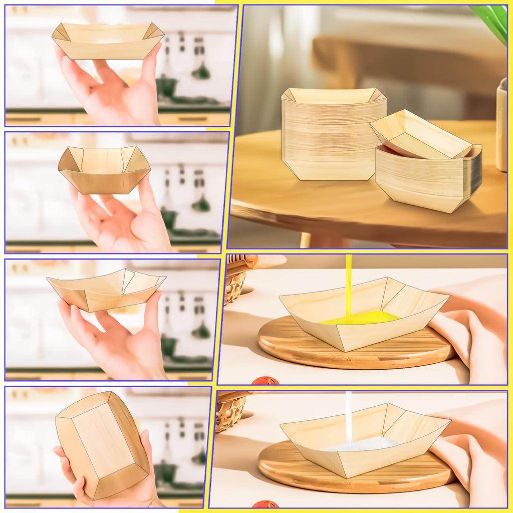 MotBach 200 Pack Wood Grain 1/2Lb Paper Food Boat Trays Disposable Small Paper Boats Plates Containers, 0.5Lb Mini Kraft Food Serving Tray Boat Basket Bowl for Snack Fries Dessert Popcorn Taco Nacho