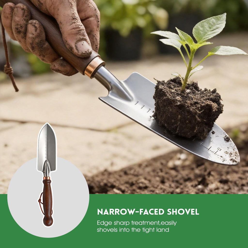 Zenrok Garden Tools, 4 Pack Garden Shovel with Wooden Handles Hand Tools with Transplanting Hand Shovel, Rake and Root Picker Ideal for Digging and Planting