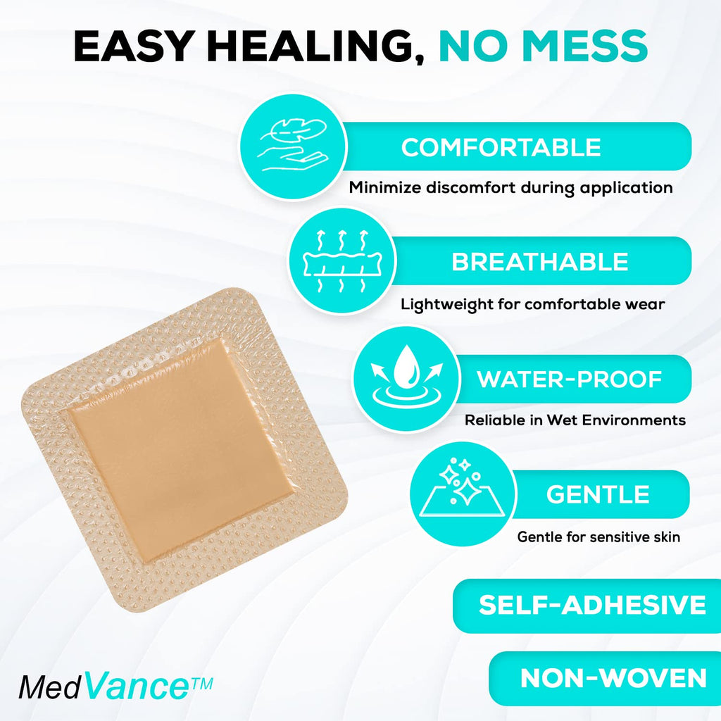 MedVance 10 Pack 4"x4" Silicone Foam Dressing Bordered Dressing, Waterproof Silicone Bandages for Wounds Care, Bed Sore Patches, Super Absorbent Wound Dressing, Self Adhesive Pressure Sore Pads