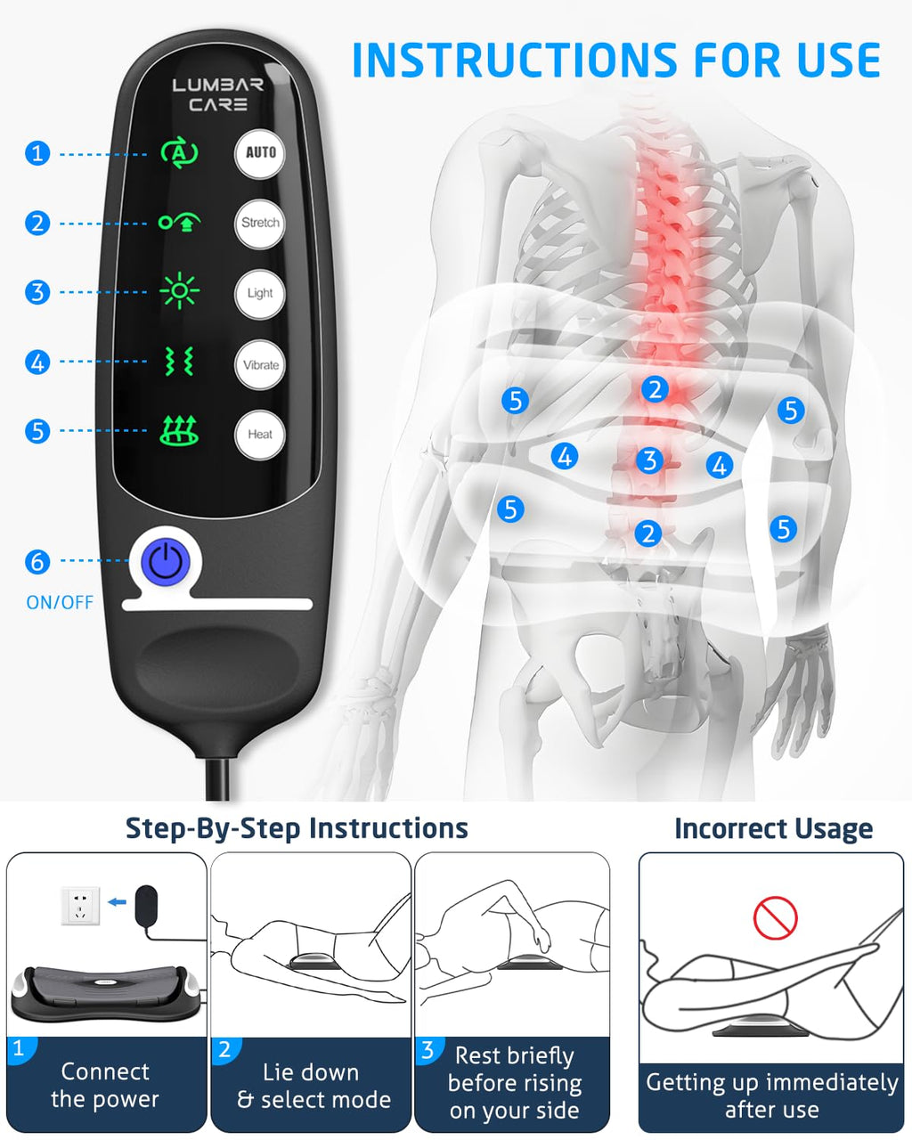 Lower Back Stretching Massager, Electric Lumbar Traction Device with Dynamic Stretching, Adjustable Temperature (104°F - 118.4°F), Vibration Massage - For the Lumbar Spine & Relieving Lower Back Pain