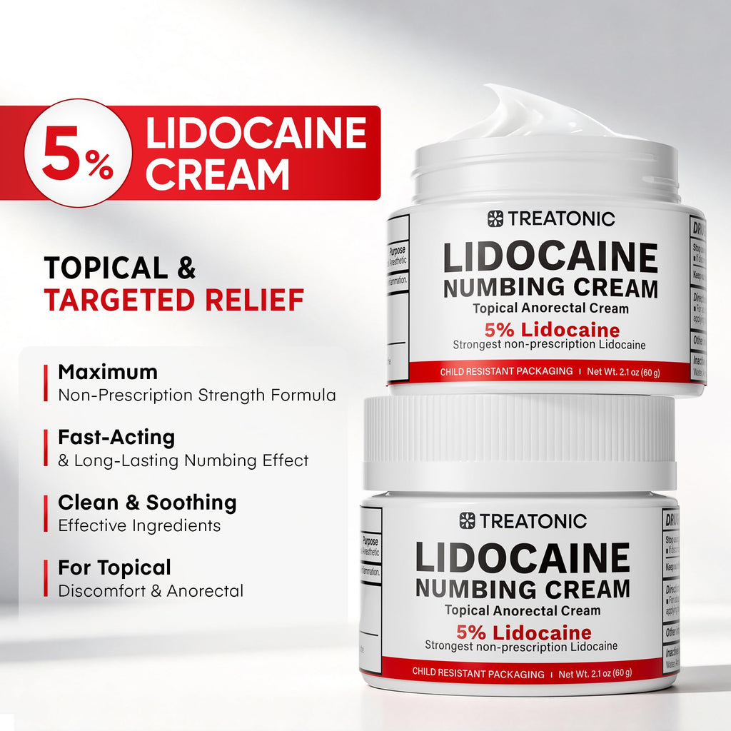 Treatonic 5% Lidocaine Numbing Cream: Lidocaine Cream Maximum Strength for Pain Relief, Itching, Burning, Soreness, Hemorrhoid - Fast Acting & Long Lasting Numbing - 2.1 oz (2-Pack)