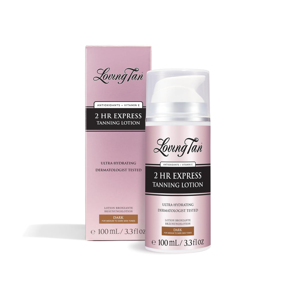 Loving Tan NEW 2 Hr Express Self Tanning Body Lotion, Dark - Hydrating Natural-Looking Glow Sunless Self Tanner, Streak-Free, Dermatologist Tested, Lightweight, Vegan and Cruelty-Free - 3.3 fl oz