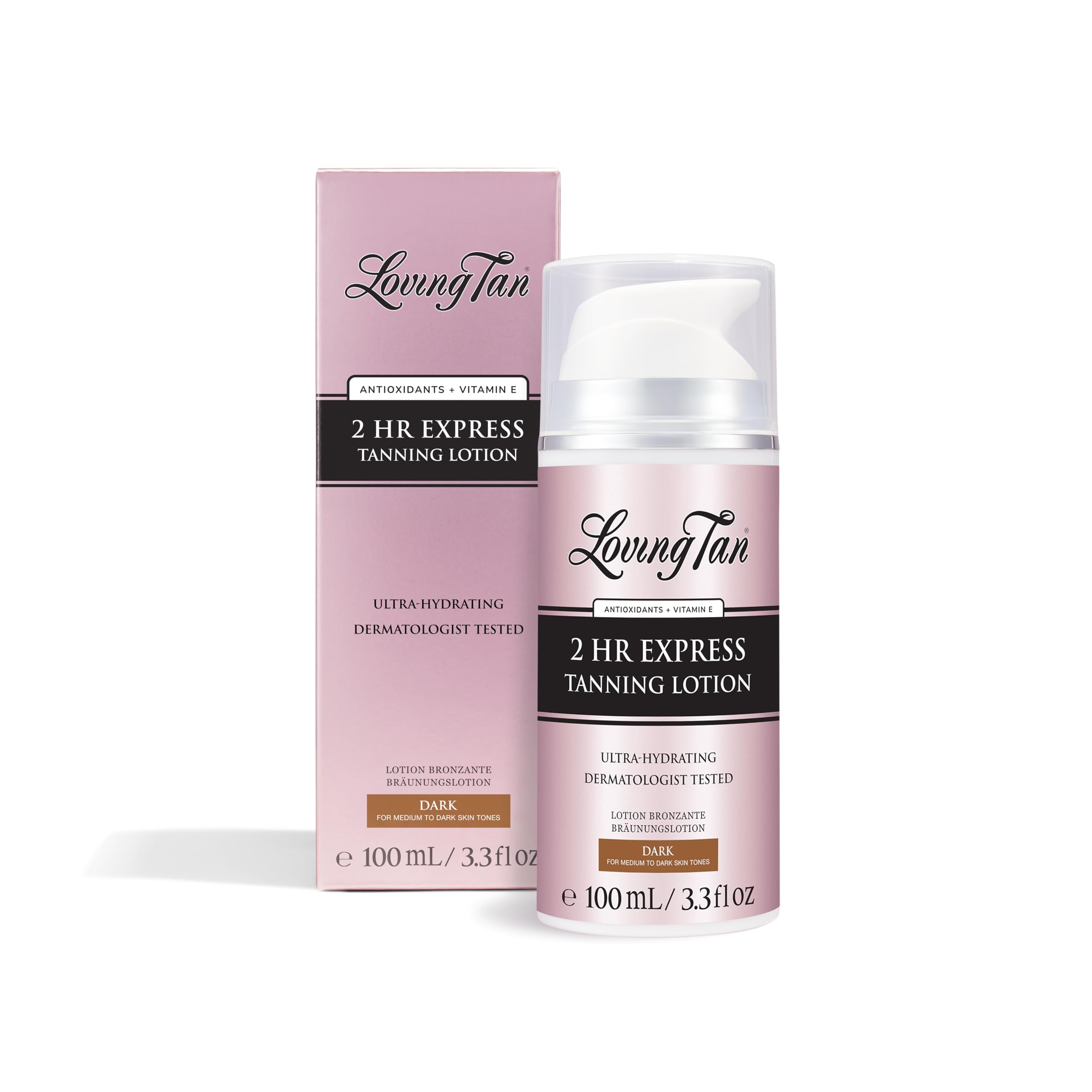 Loving Tan NEW 2 Hr Express Self Tanning Body Lotion, Dark - Hydrating Natural-Looking Glow Sunless Self Tanner, Streak-Free, Dermatologist Tested, Lightweight, Vegan and Cruelty-Free - 3.3 fl oz