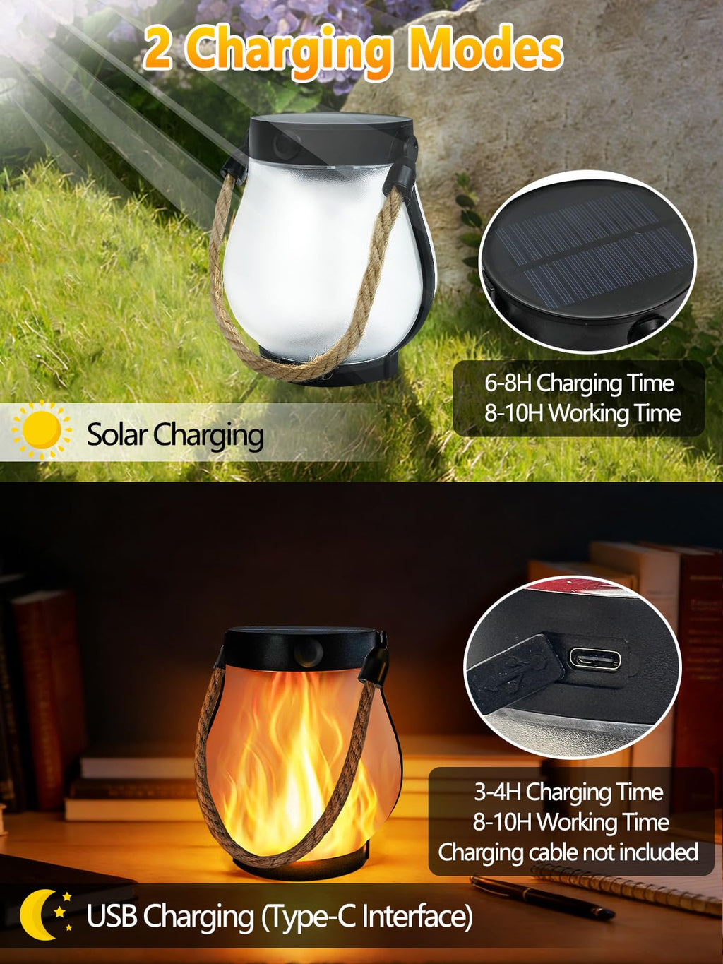 1 Pack Solar Lights Outdoor Waterproof, Solar Lantern with Dancing Flame, 2 Lighting Modes, Dual Charging USB & Solar Powered, with Hanging Rope Handle for Patio Yard Garden Tree Tabletop Decor