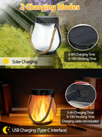 1 Pack Solar Lights Outdoor Waterproof, Solar Lantern with Dancing Flame, 2 Lighting Modes, Dual Charging USB & Solar Powered, with Hanging Rope Handle for Patio Yard Garden Tree Tabletop Decor