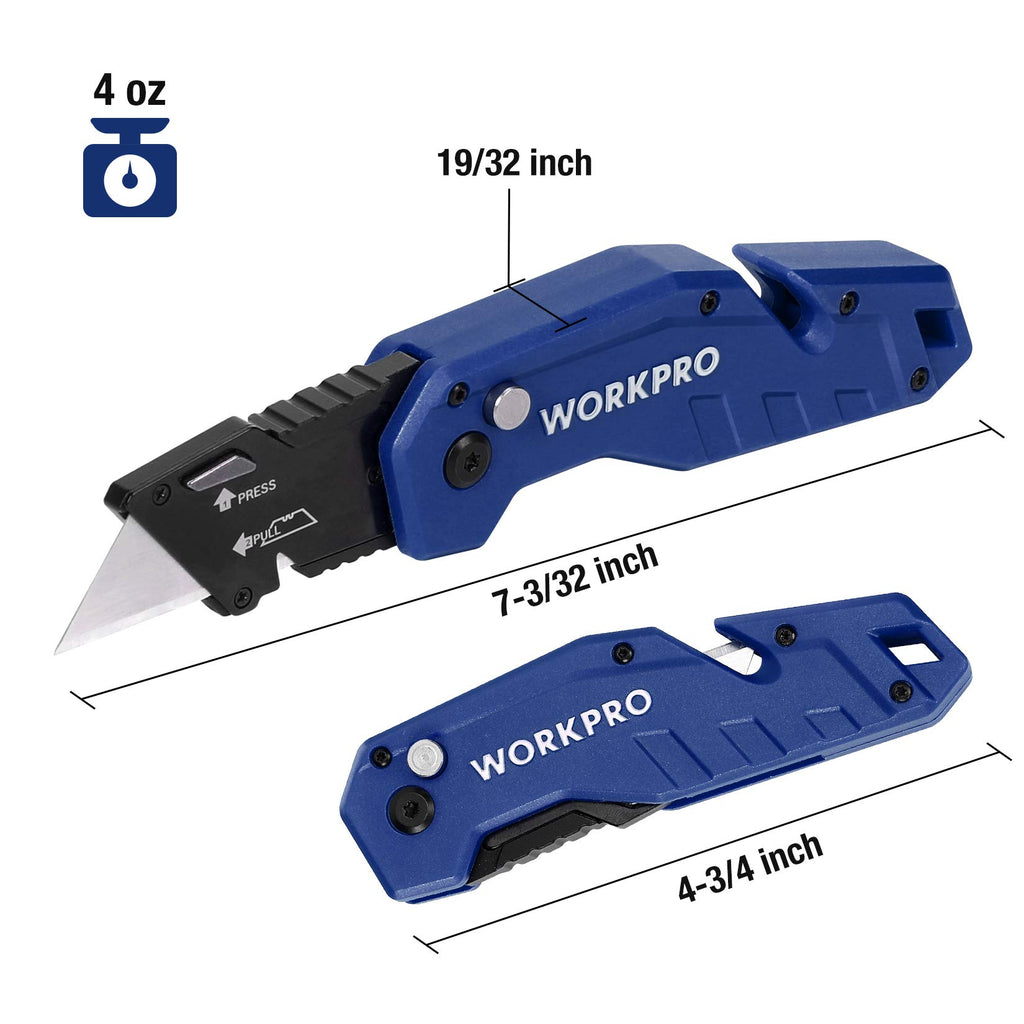 WORKPRO Folding Utility Knife, Box Cutter with Belt Clip, Quick-Change Blade, Lightweight Nylon Handle, Wire Stripper & Gut Hook, Extra 10 SK5 Blades Included, Blue