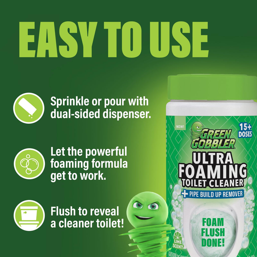 Green Gobbler Ultra Foaming Toilet Cleaner – 15+ Doses, Self-Activated Foam, Removes Tough Stains & Pipe Buildup, Helps Prevent Clogs