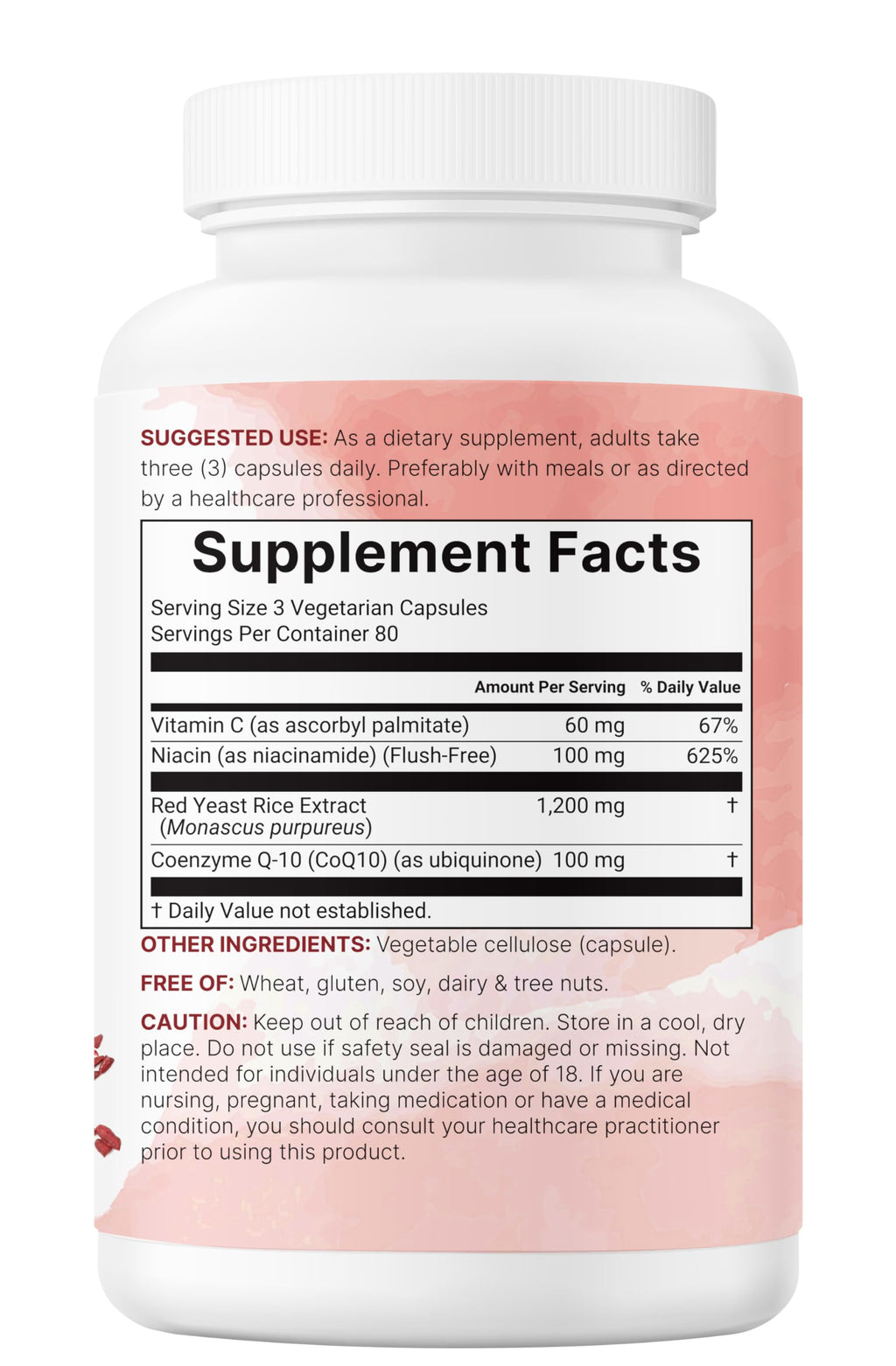 Red Yeast Rice 1,200mg with CoQ10 100mg, 240 Veggie Capsules | 4-in-1 with Flush Free Niacin & Fat Soluble Vitamin C | Cholesterol Support & Heart Health Supplements | Filler Free, Non-GMO, No Gluten