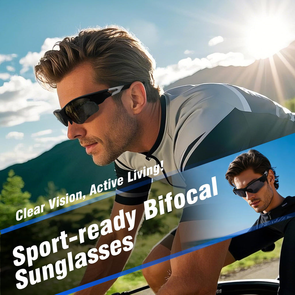 SKYOLUY Attractive Bifocal Reading Sunglasses for Men, Durable TR90 Semi Rimless Wrap Around Design Sun Readers, UV400 Near-Far Sun Glass Built in Outdoor Sports/Driving/Finshing Dark Glasses, +2.5
