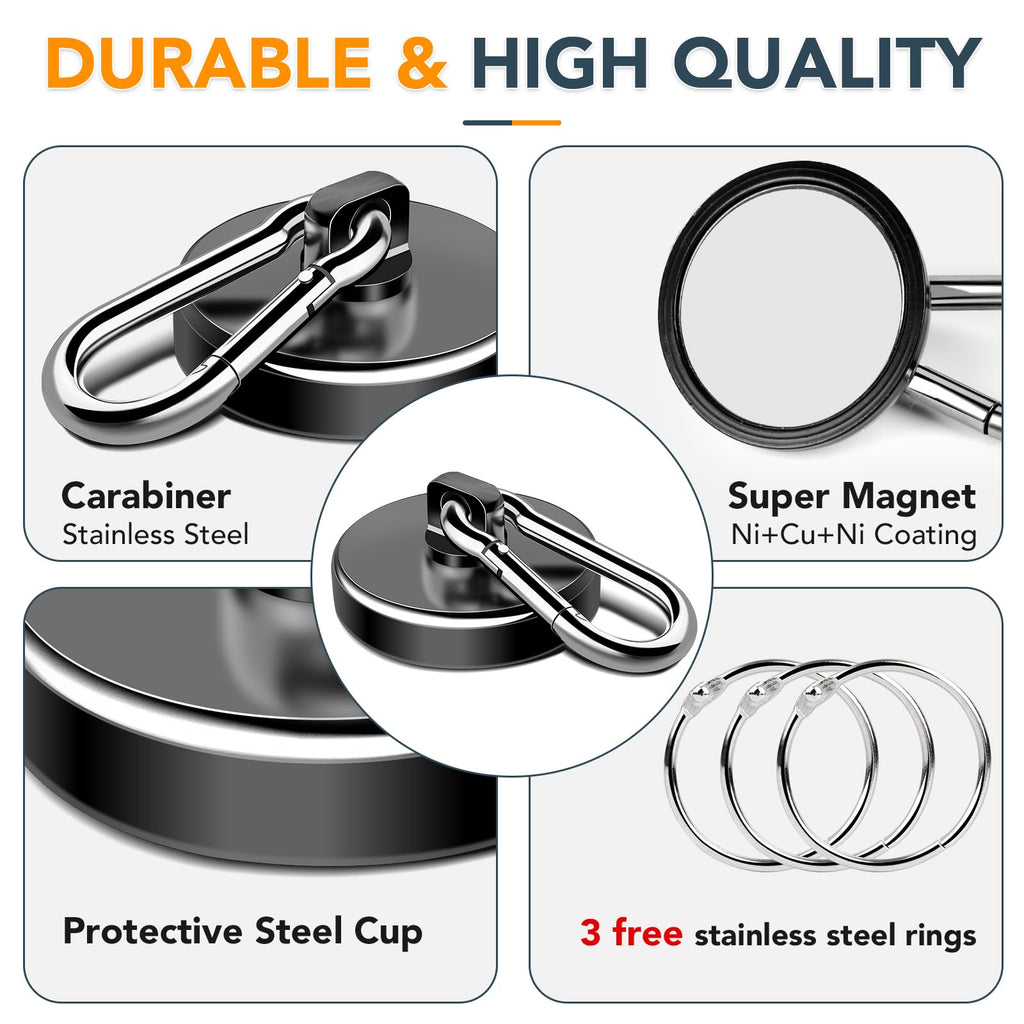 MIKEDE Strong Magnetic Hooks Heavy Duty, 200LBS+ Black Swivel Neodymium Magnets with Carabiner Hook, Hooks for Hanging, Curtain - 4 Pack