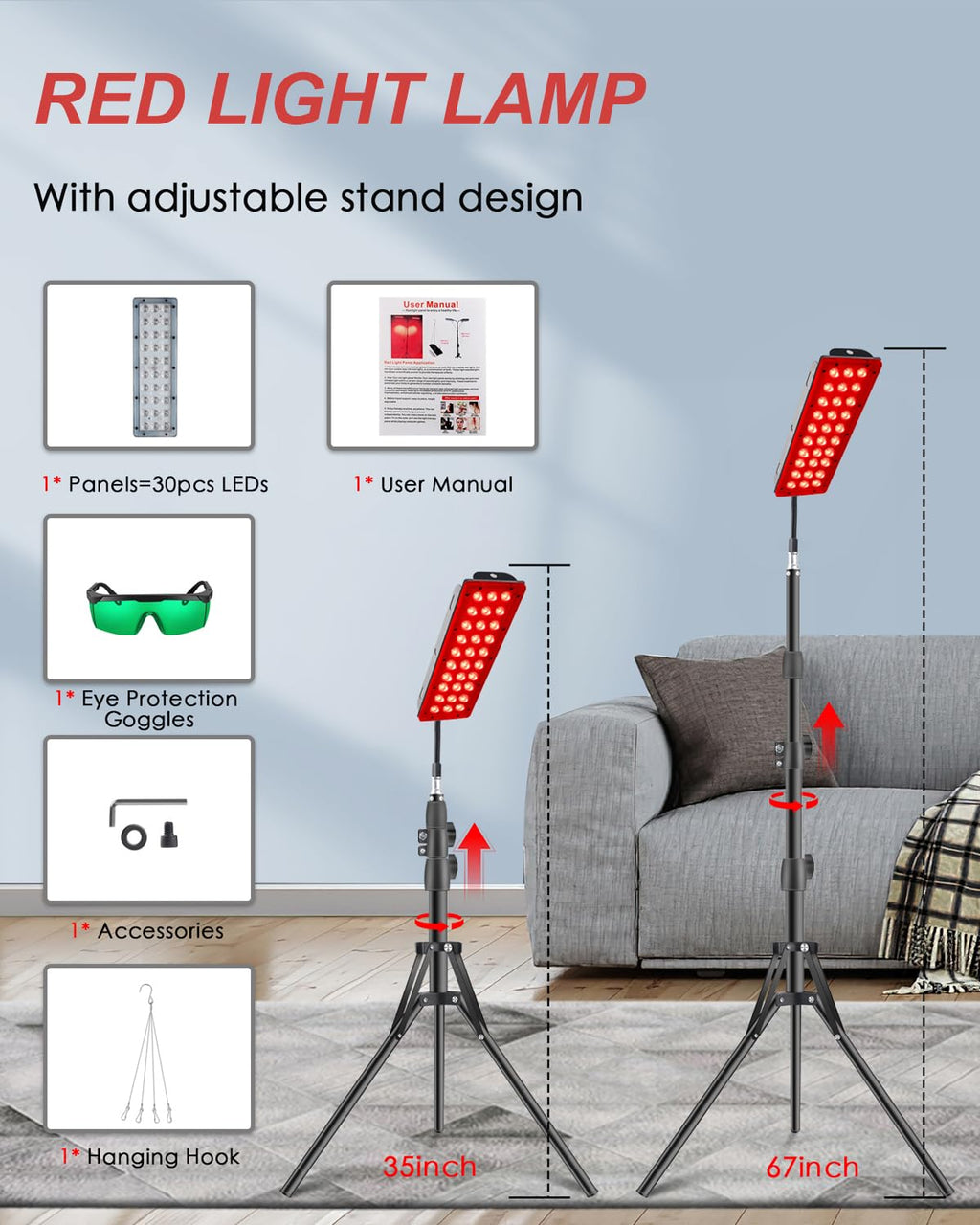 Rikimxin Red Light Therapy Lamp for Body, Infrared Light Therapy Lamps with Stand, 660nm Red and 850nm Near Infrared Redlight Therapy Device for Full Body Overall Health at Home with Eyes Protection