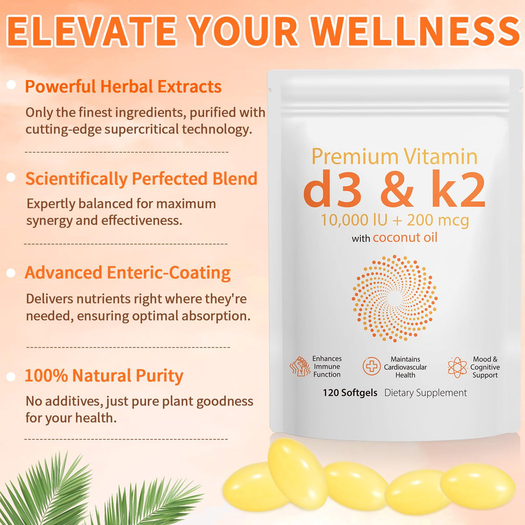 D3 K2 Vitamin 10000 IU - 240 Virgin Coconut Oil Softgels, 2 in 1 Vitamin D & K Complex Supplement Softgel - Immune Support and Calcium Absorption, Bone and Heart Health (240 Count (Pack of 2))