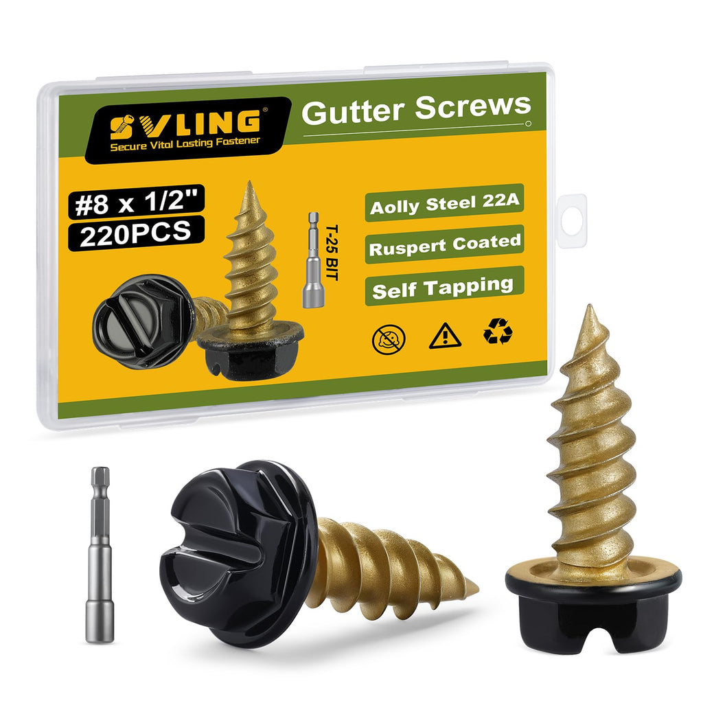SVLING #8 x 1/2" Self Tapping Gutter Screws, 220PCS Black Painted Slotted Hex Head Sheet Metal Screws Golden Thread Ruspert Coating Finish, 1/4" Hex Bit Socket Included