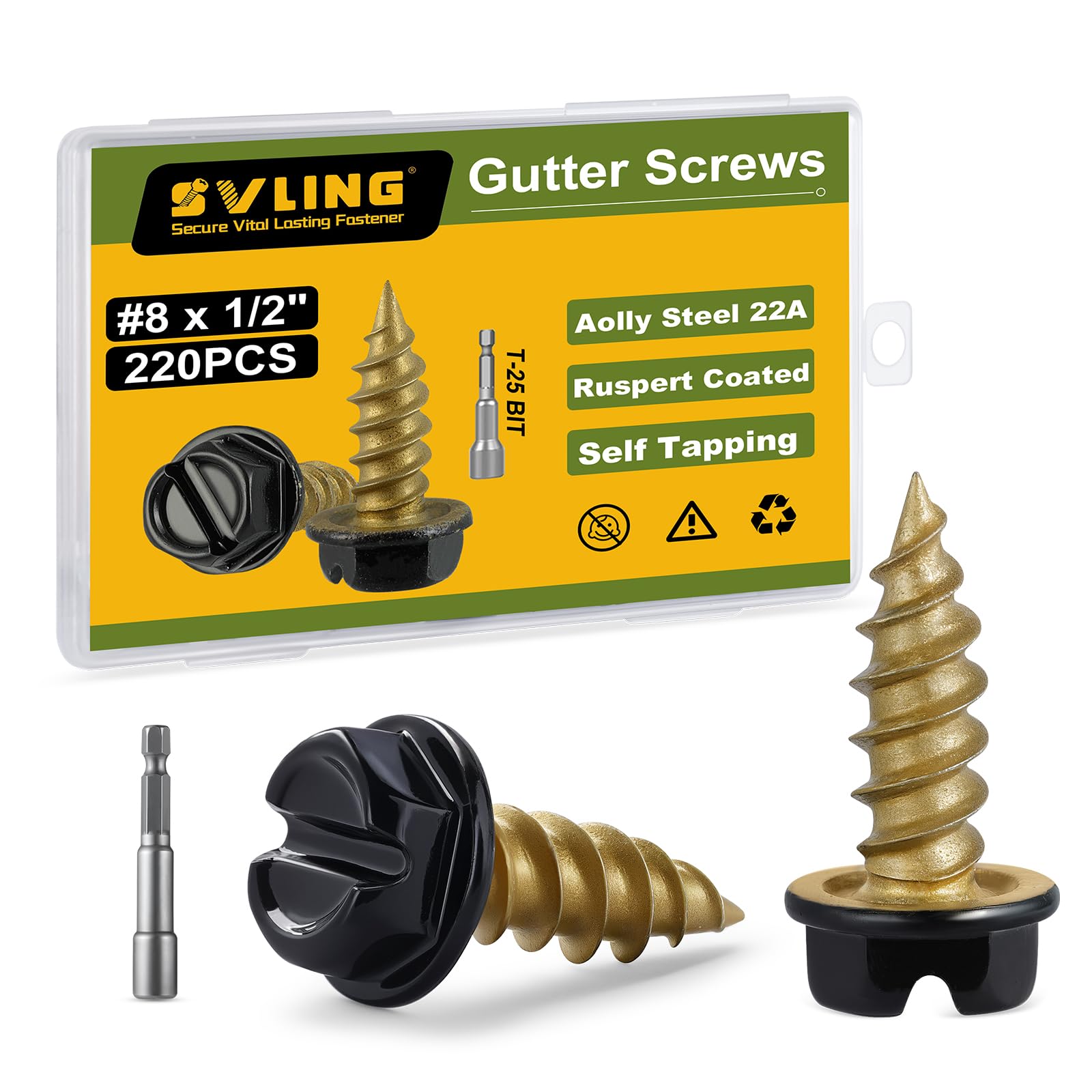 SVLING #8 x 1/2" Self Tapping Gutter Screws, 220PCS Black Painted Slotted Hex Head Sheet Metal Screws Golden Thread Ruspert Coating Finish, 1/4" Hex Bit Socket Included