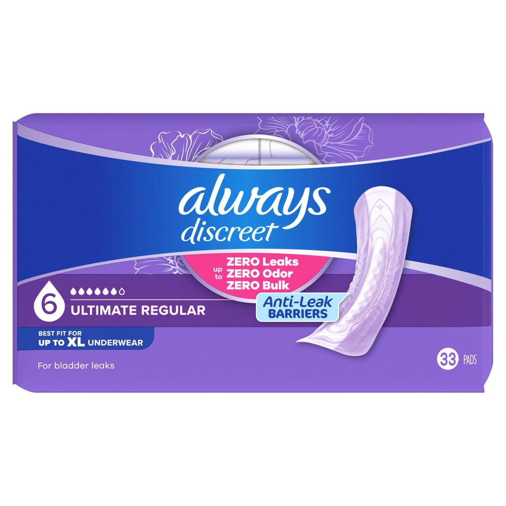 Always Discreet Adult Incontinence Pads for Women, Drier, 6 Drop Regular Length, Extra Heavy Absorbency, Pads for Bladder Control Management, Bladder Leaks, & Postpartum Pads, 66ct