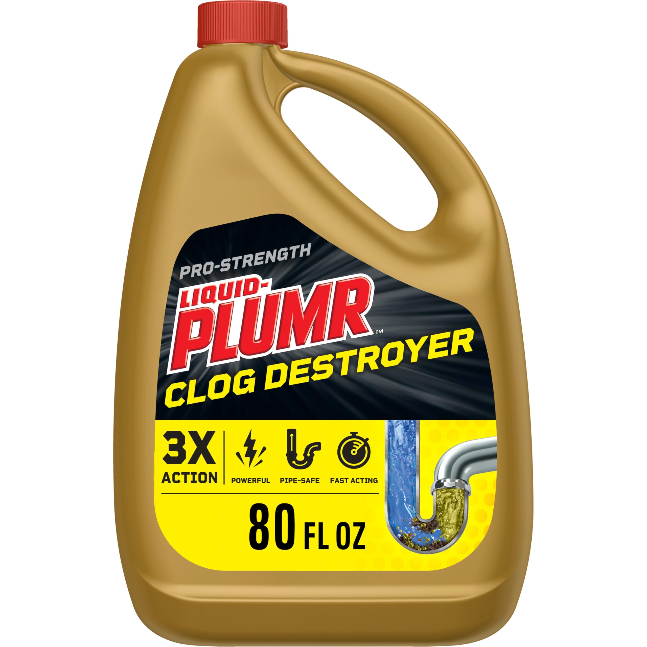 Liquid-Plumr Pro-Strength Full Clog Destroyer, Bathroom & Kitchen Sinks, Shower and Tub Drain, Safe for Pipes, Liquid Drain Cleaner, 80 Fluid Ounces