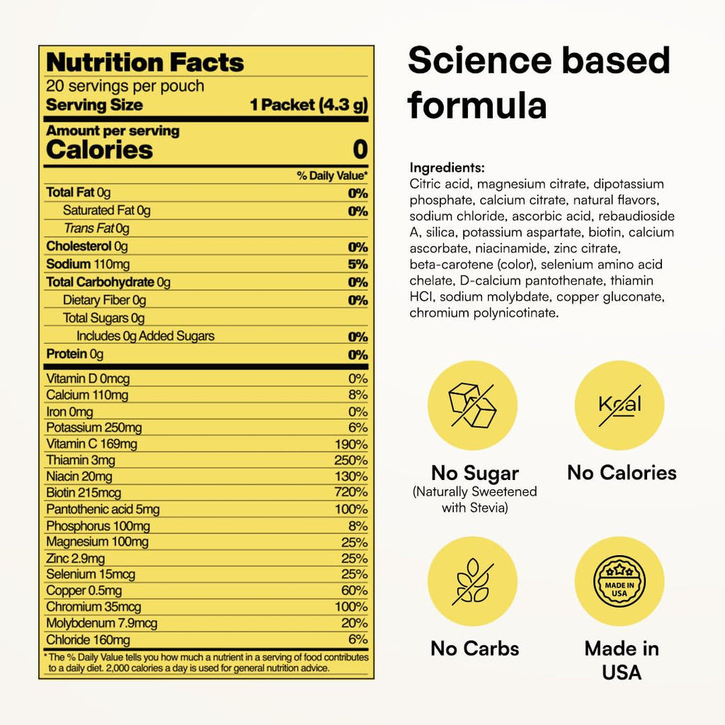 KEY NUTRIENTS Electrolytes Powder Packets - Multivitamin Lemonade 20 Pack Hydration Packets - Travel Hydration Powder - Improved Refreshing Taste - Made in USA - No Sugar, No Calories, Gluten Free