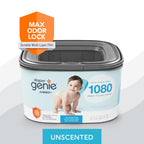 The Diaper Genie Jumbo+ Square Refill, with continuous film, can hold up to 1080 newborn-sized diapers per refill.