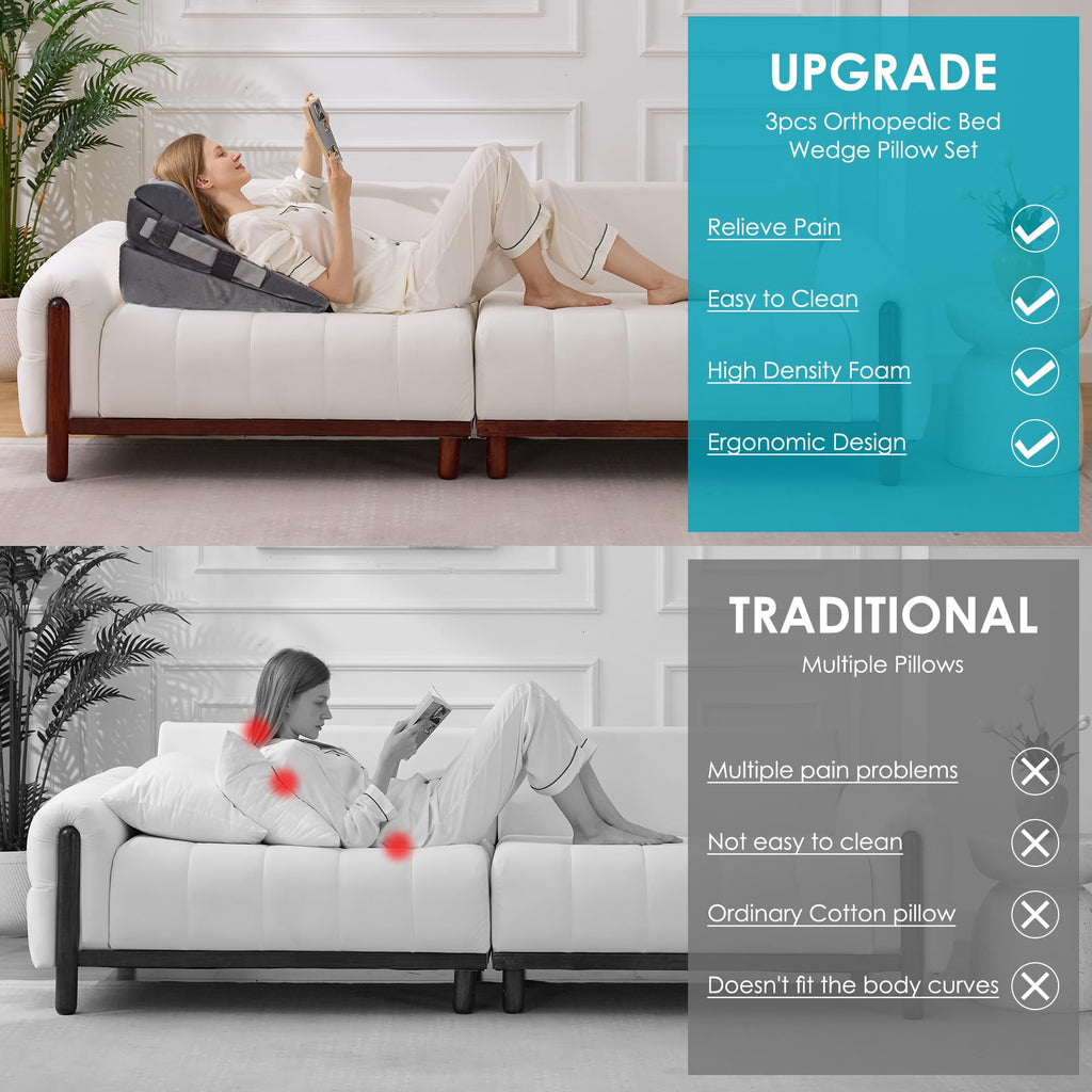 WGAKCED 3Pcs Wedge Pillow Set for After Surgery,Acid Reflux Relief, Adjustable Bed Wedge Pillows for Sleeping,Anti Snore, Memory Foam Triangle Pillow for Back&Neck&Shoulder Pain Relief, Plush Grey