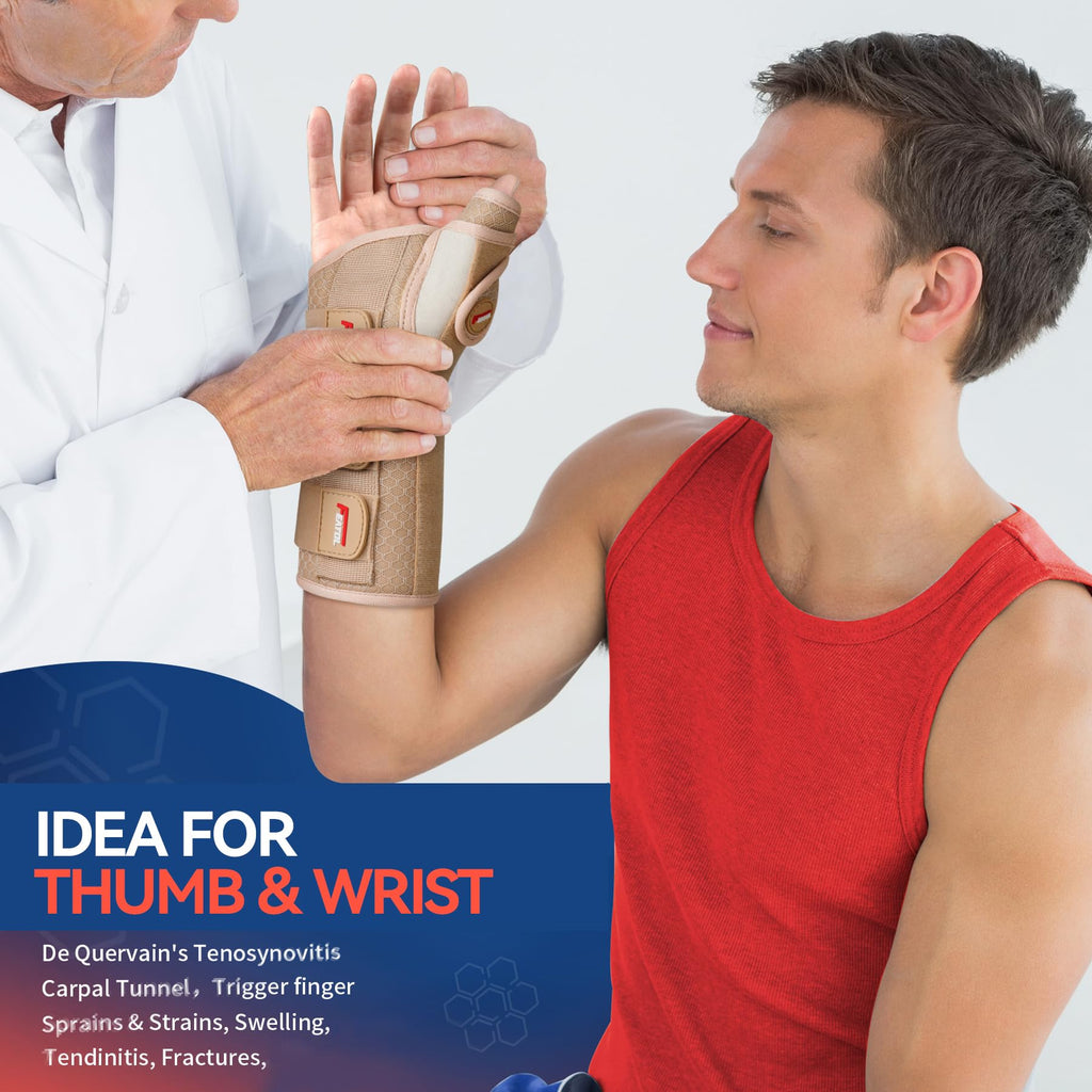 FEATOL Carpal Tunnel Wrist Brace Night Support, Thumb Spica Splint Left Hand for De Quervains Tenosynovitis, Tendonitis, Thumb Brace for Women Men, Beige, Large/XLarge