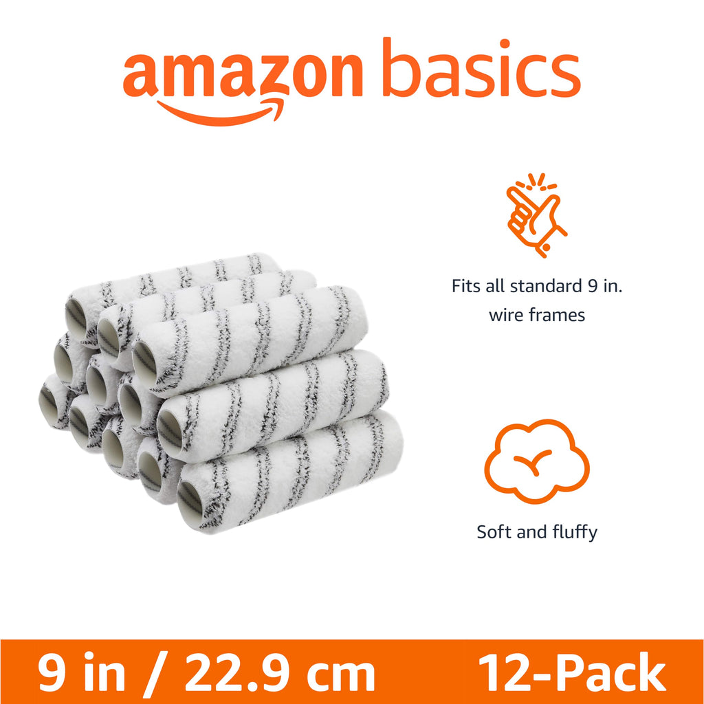 Amazon Basics Microfiber Paint Roller Covers for Painting Walls, Ceilings and House, Smooth Finish, Washable, 9" x 3/8", 12-Pack