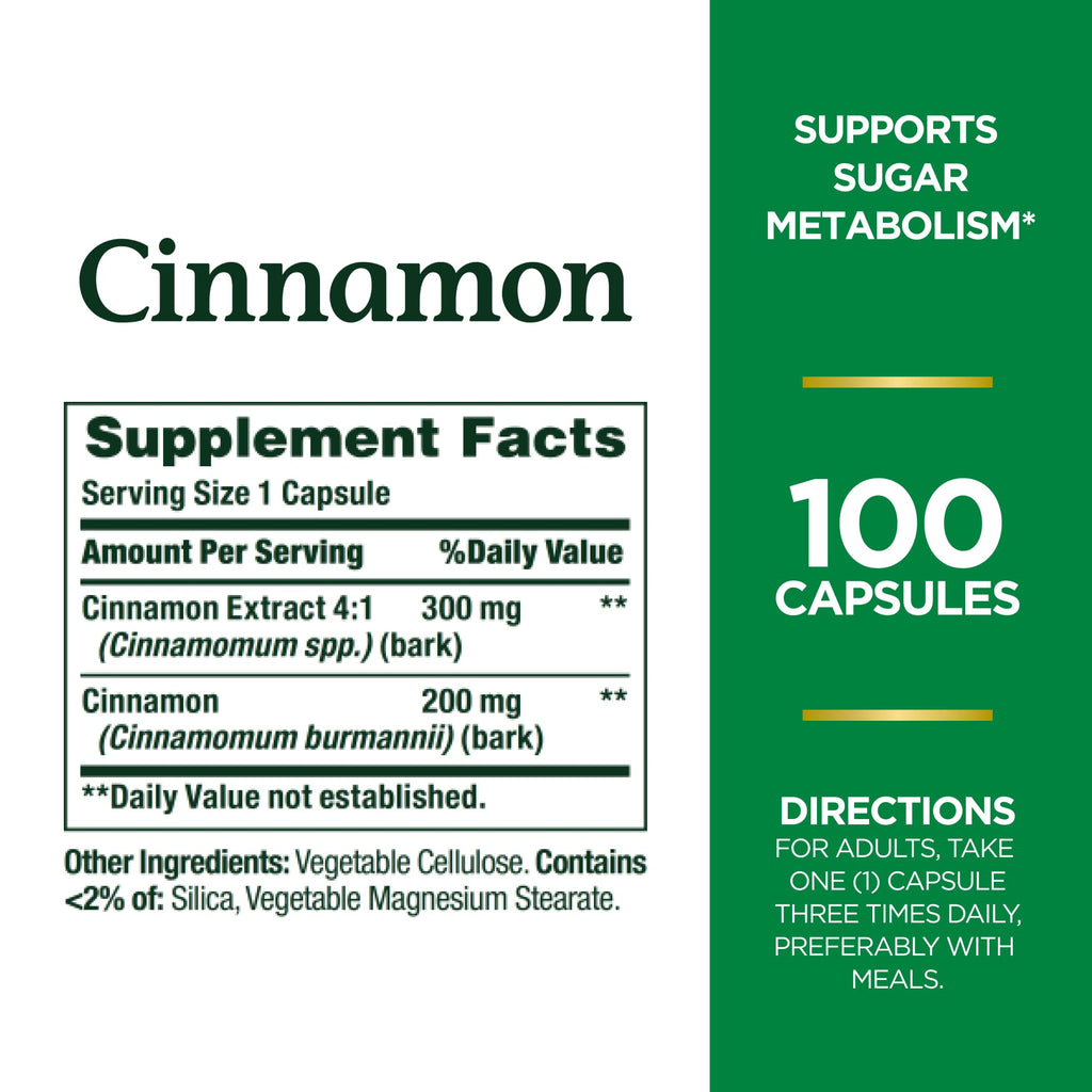 Nature's Bounty Cinnamon Capsules, Herbal Supplement, Supports Sugar Metabolism, 1500mg, 100 Capsules (Pack of 3)