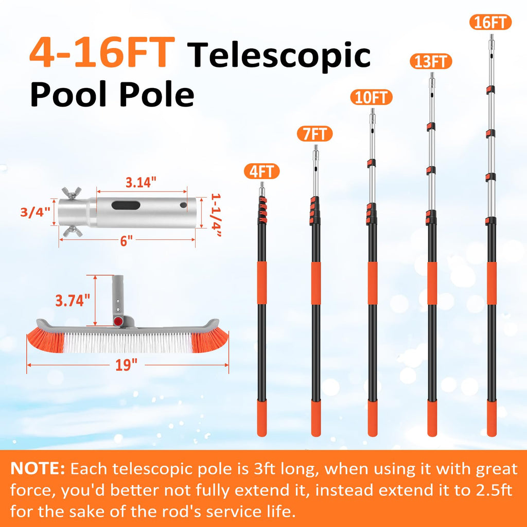 16FT Pool Brush with Pole, 19" Heavy Duty Swimming Pool Brush with 4-16FT Aluminum Telescopic Pole, Pool Scrubber Brush Head with Universal Adapter for Cleaning Pool Walls, Corners, Floors